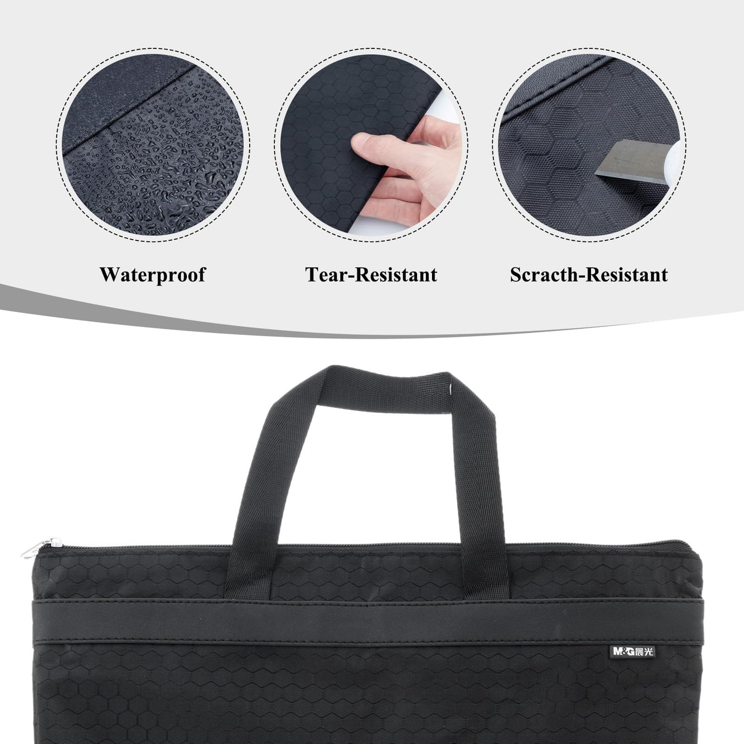 M&G 12x15 in Large Zipper Pouch with Handle, A4 Foldable Lightweight Waterproof Oxford Document Storage Bag, File Organizer for Office Travel Books Papers Filing Folder – 1 Pack (Black)
