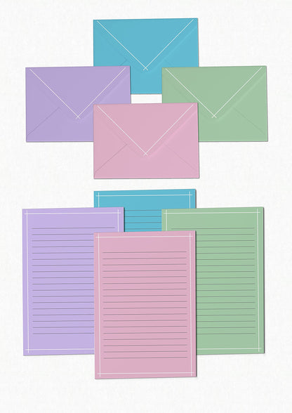 Better Office Products Mini Stationery Set, 100 Piece Set (50 Lined Sheets + 50 Matching Envelopes), 4 Solid Colors, Thin White Border, 5.5 x 8.25 inch, Double Sided Printing, One Side Lined Paper,