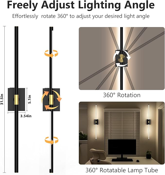 Battery Operated Wall Sconces Set of 2: 10000mAh Rechargeable Wall Sconce with Touch and Remote, 360° Rotate, 4CCT Dimmable Wireless Wall Light LED Wall Lamp for Living Room Bedroom Bathroom, Black