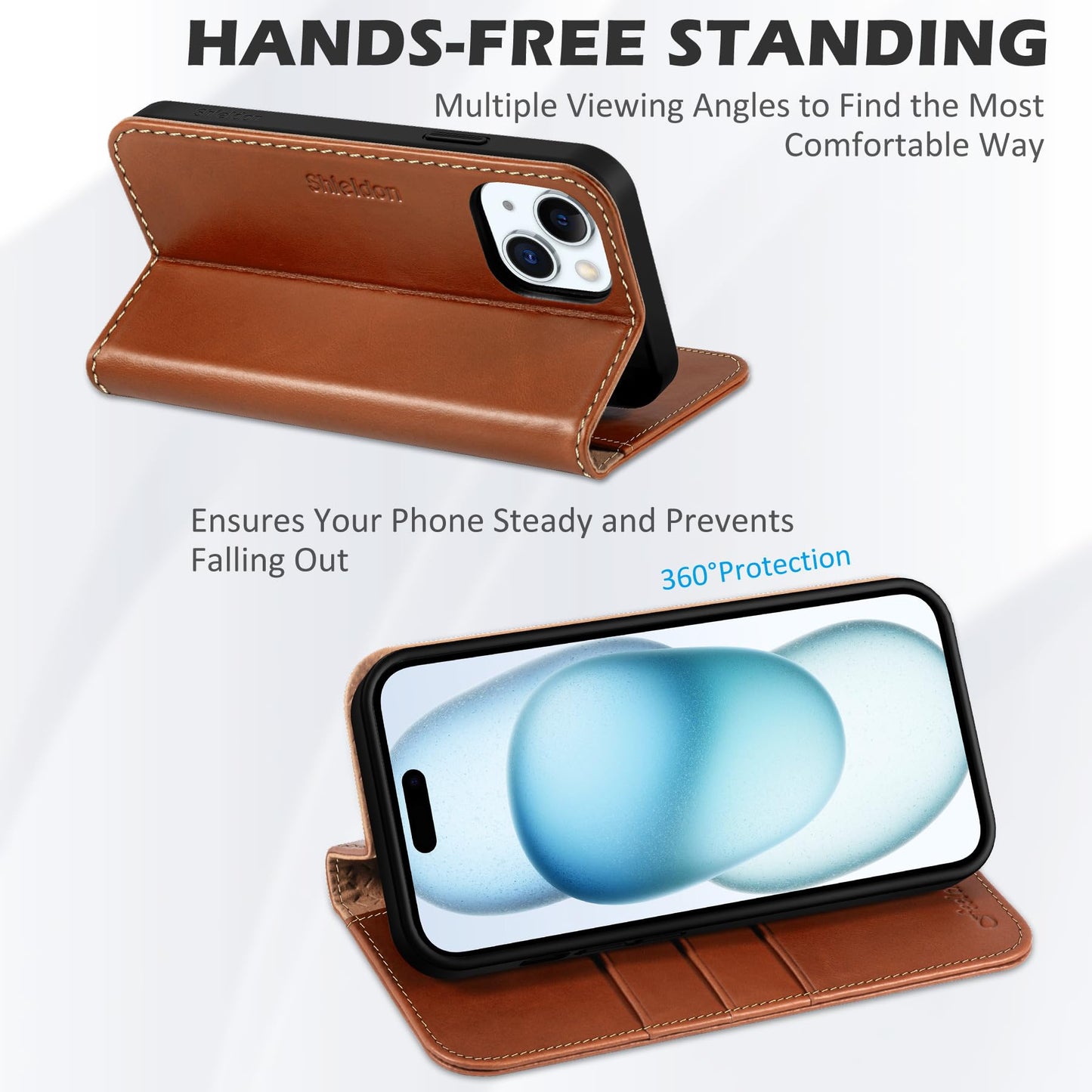 SHIELDON Case for iPhone 15 Plus 5G, Genuine Leather Wallet Magnetic Cover Kickstand RFID Blocking Credit Card Holder Shockproof Case Compatible with iPhone 15 Plus 6.7" 2023 - Retro Brown