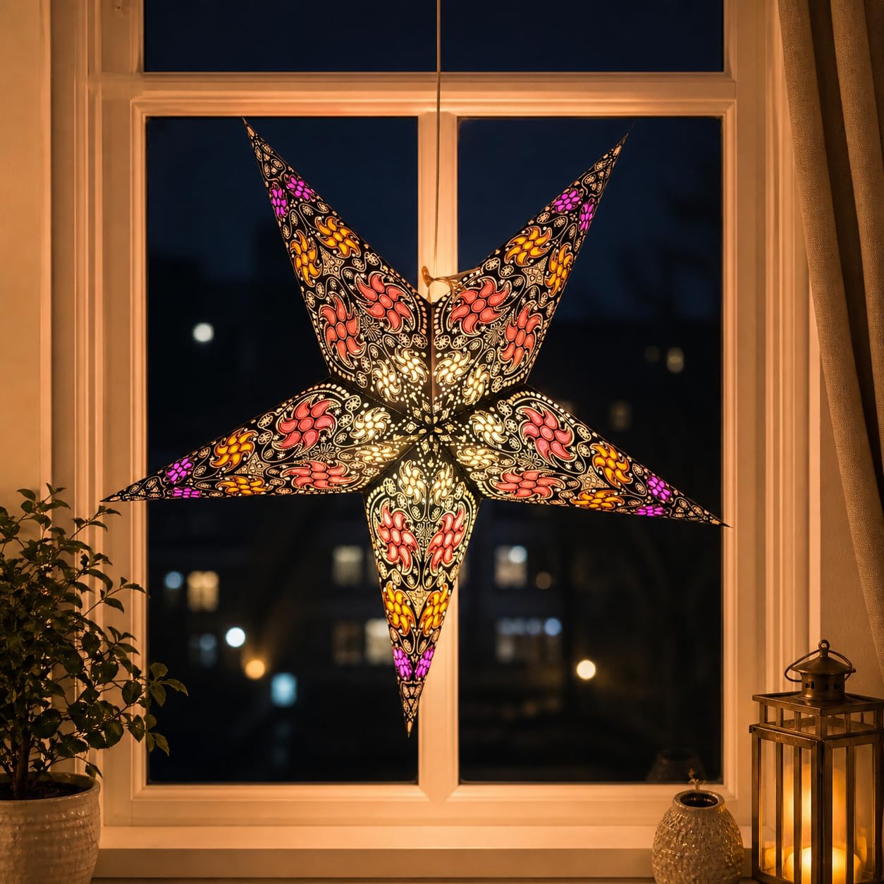 Yepsio Paper Star Lantern Lampshade, 24 inch, Hanging Decorations for Christmas, Wedding, Home, Party (Red, Black, Multi)