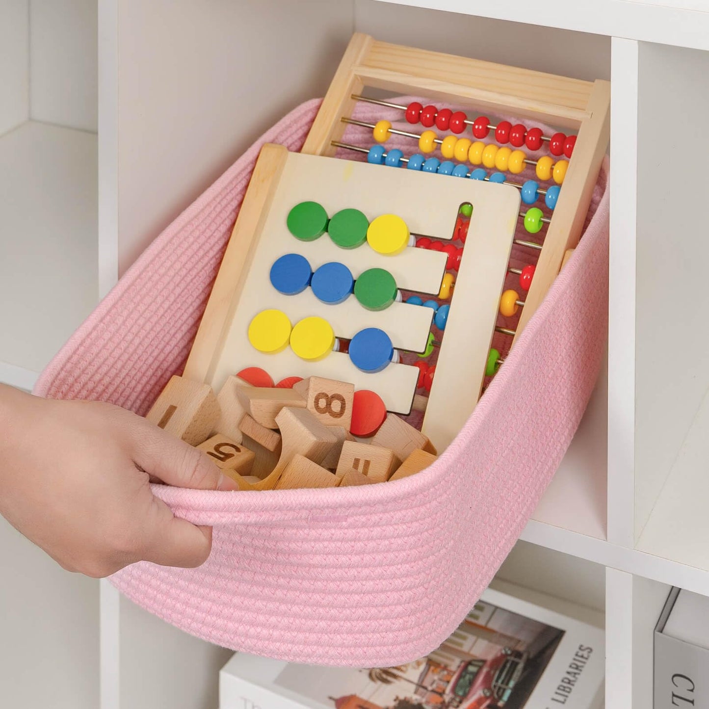 CubesLand Cute and Durable Small Cotton Rope Basket for Organizing, Woven Closet Storage Bin,Shelves Closet Storage Basket, Bathroom Storage Organizer Bin, Nursery Toy Basket Bin, Pink Basket