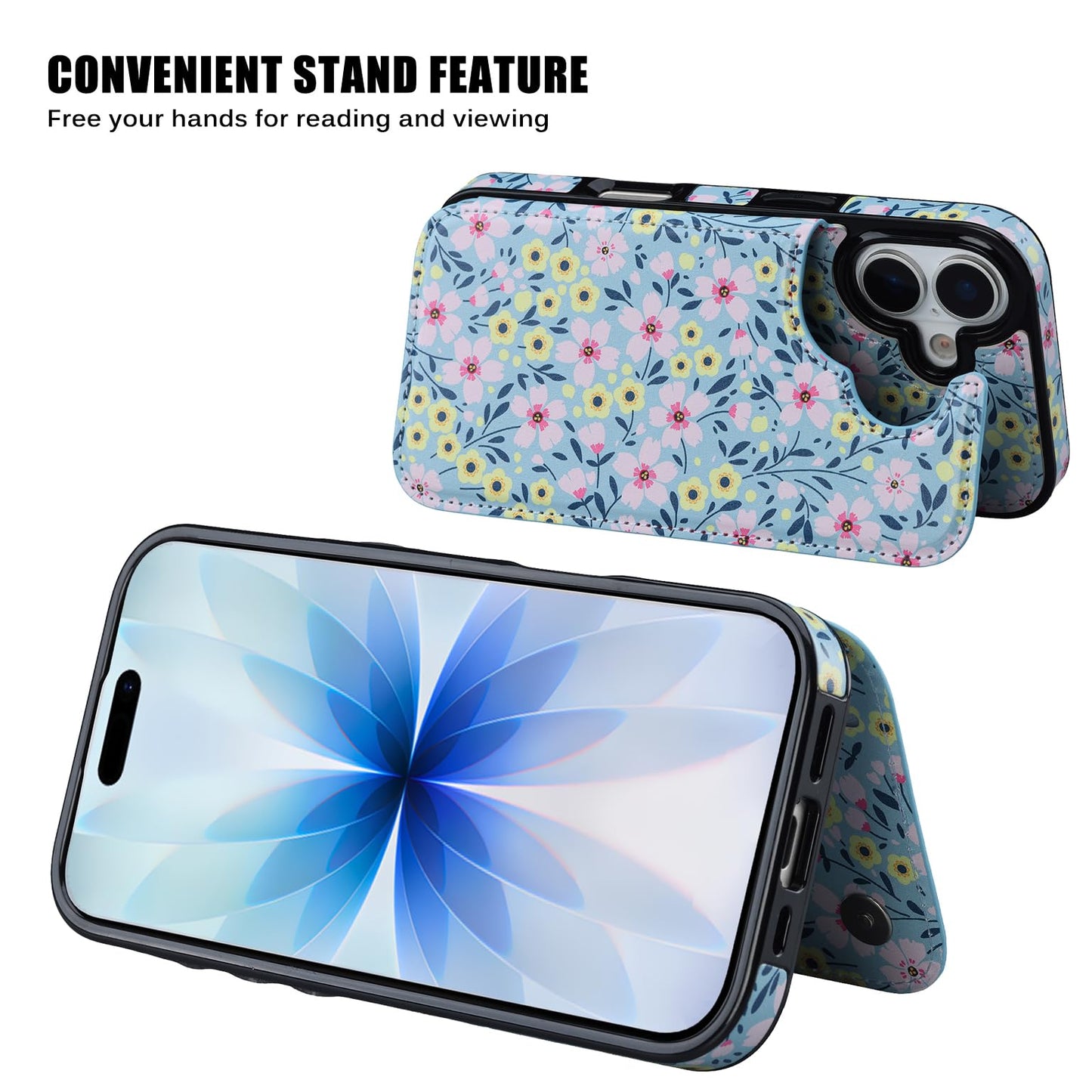 JOYAKI Compatible with iPhone 17 Wallet Case with Card Holder, Flip PU Leather Kickstand Case with Screen Protecor, Double Magnetic Clasp with Screen Protector Cover 6.3" -Sunny Day Bloom