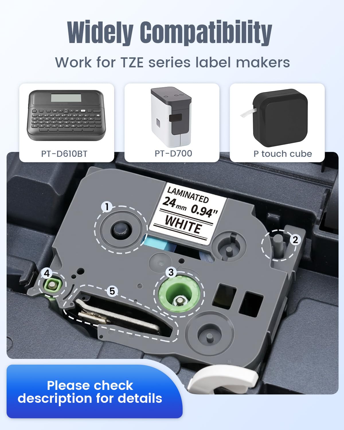 TZ Tape 24mm 0.94 Inch Laminated White TZe-251 Compatible with Brother P-Touch Label Tape 1”for PT-D610BT P710BT D600 2730 Cube Plus E560BTVP TZe Label Maker Refill, Black on White 24 mm, 4-Pack
