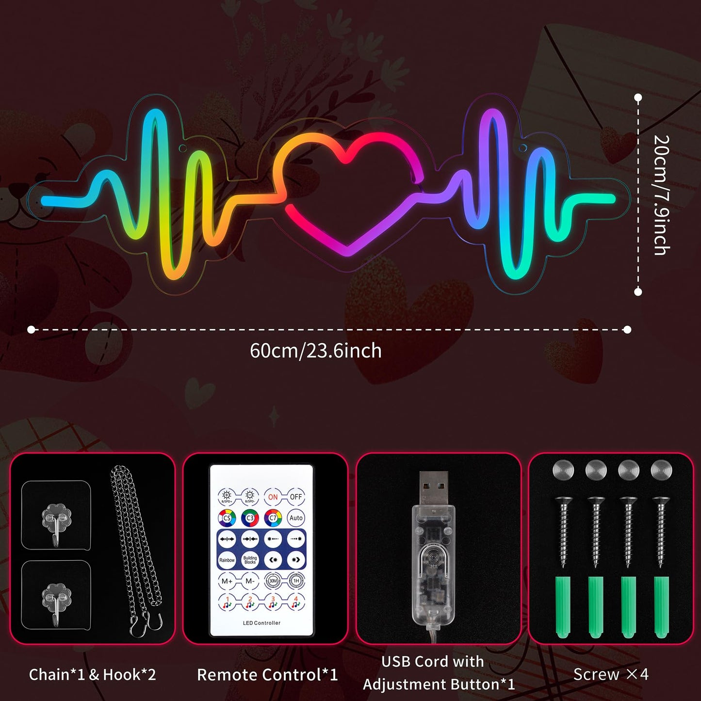 MissAudrey Heartbeat Neon Sign with Remote Control, LED Neon Sign for Wall Decor, Custom RGB Adjustment ECG Heart Lights, Light Up Signs for Bedroom Wedding Party Birthday Mother's Day Decorations