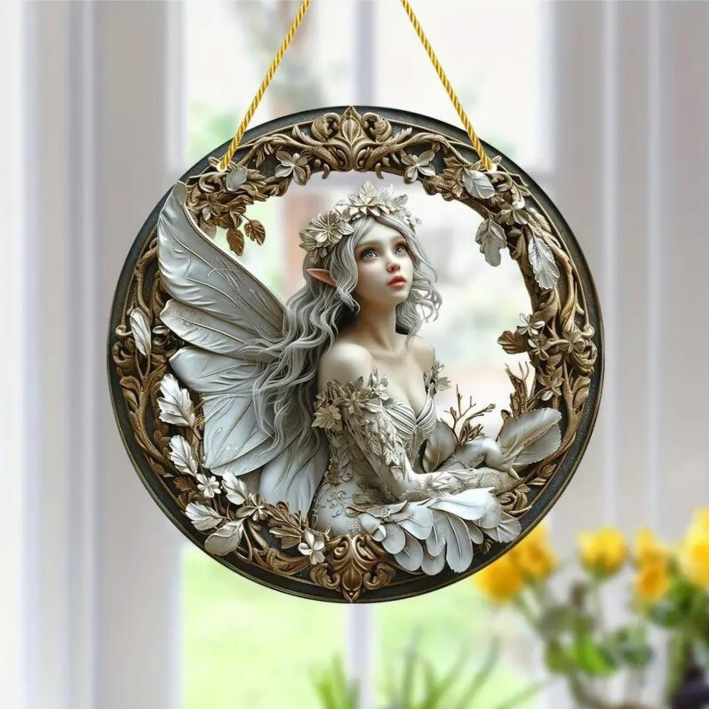 VTYFRY Flower Fairy Garden Decorations Angel Wing Christmas Halloween Deco Statue Art Elf Sculpture Hanging Craft for Outdoor Yard Courtyard Lawn Patio Window Acrylic Ornament Home Gift (D,S: 6*6 IN)