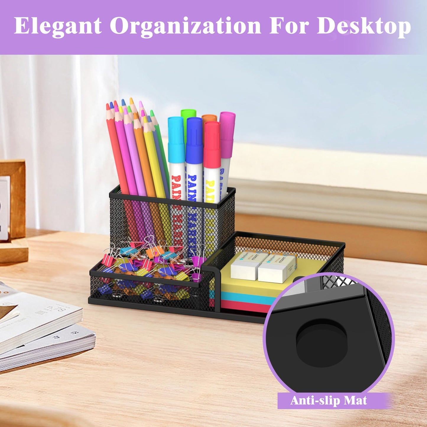 SUPEASY Pen Holder Desk Organizer, 2Pack Office Supplies Pencil Holder with 3 Compartments, Desk Accessories and Workspace Organizers for Home School Classroom, Black