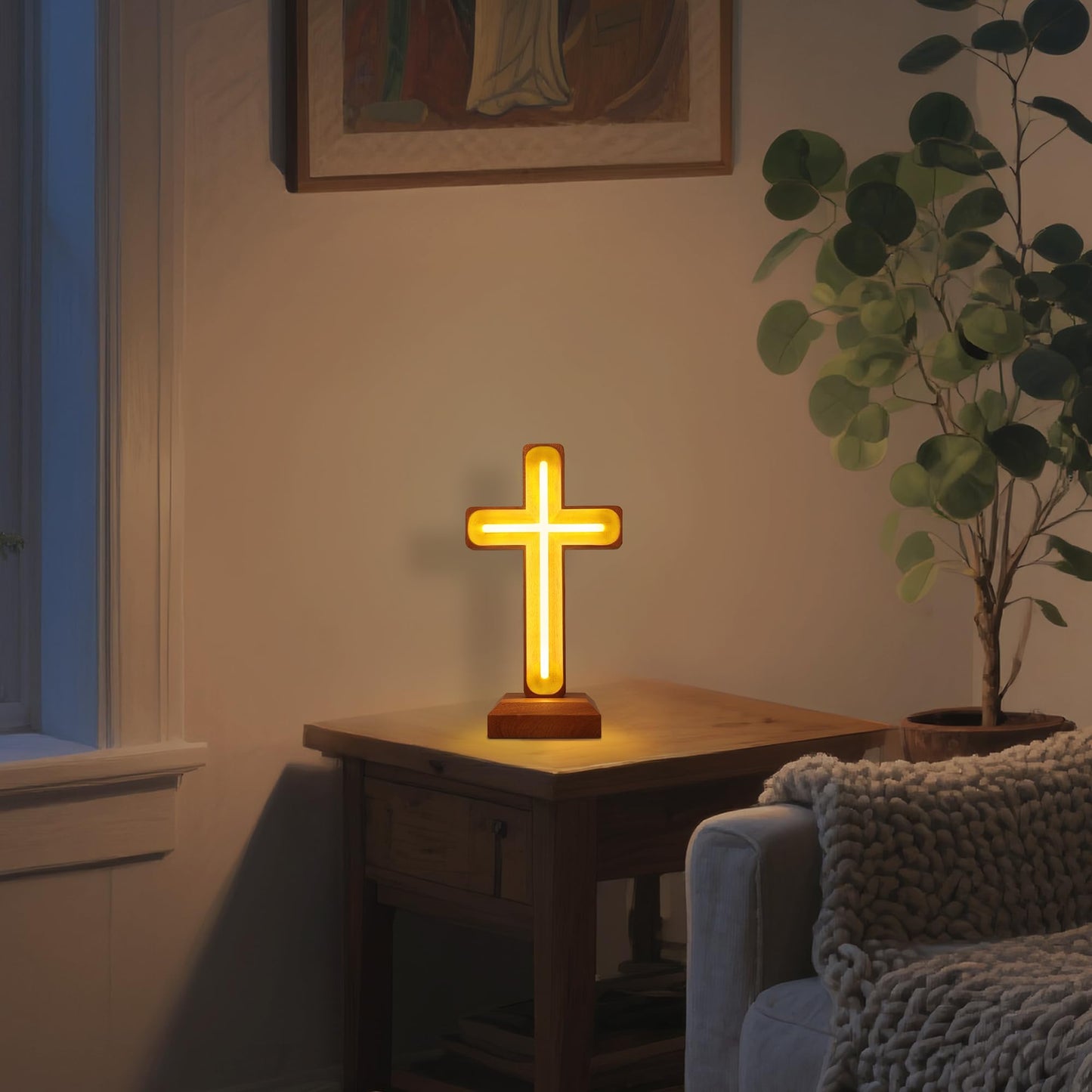Handcrafted Wooden Cross Lamp for Spiritual Home Decor and Gifting, Cross Neon Sign with USB-Powered Warm Light for Bedside, Prayer Spaces, Christmas, Weddings, Baptism, Memorials