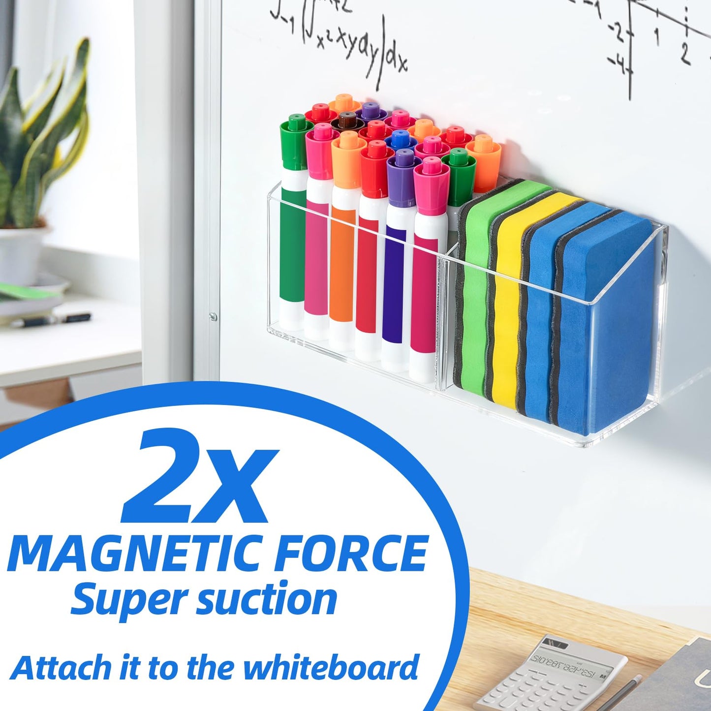 Simetufy Large Magnetic Dry Erase Marker Holder, Magnetic Pen Holder, Whiteboard Marker Holder with Movable Divider for Glass, Fridge & Locker, Non-slip Acrylic Magnetic Marker Holder