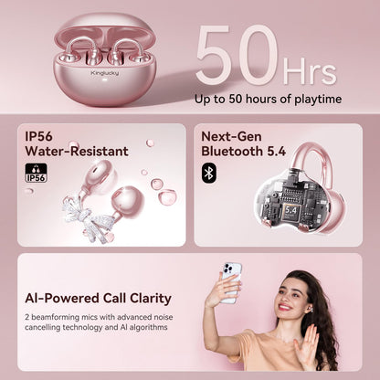 Kinglucky Jewelry-Inspired Clip-On Earbuds with Bow Earrings, Comfortable Fit & 50H Playtime Open Ear Bluetooth 5.4 Wireless Headphones for Women, Small Ears, Sports & Workouts (Pink)