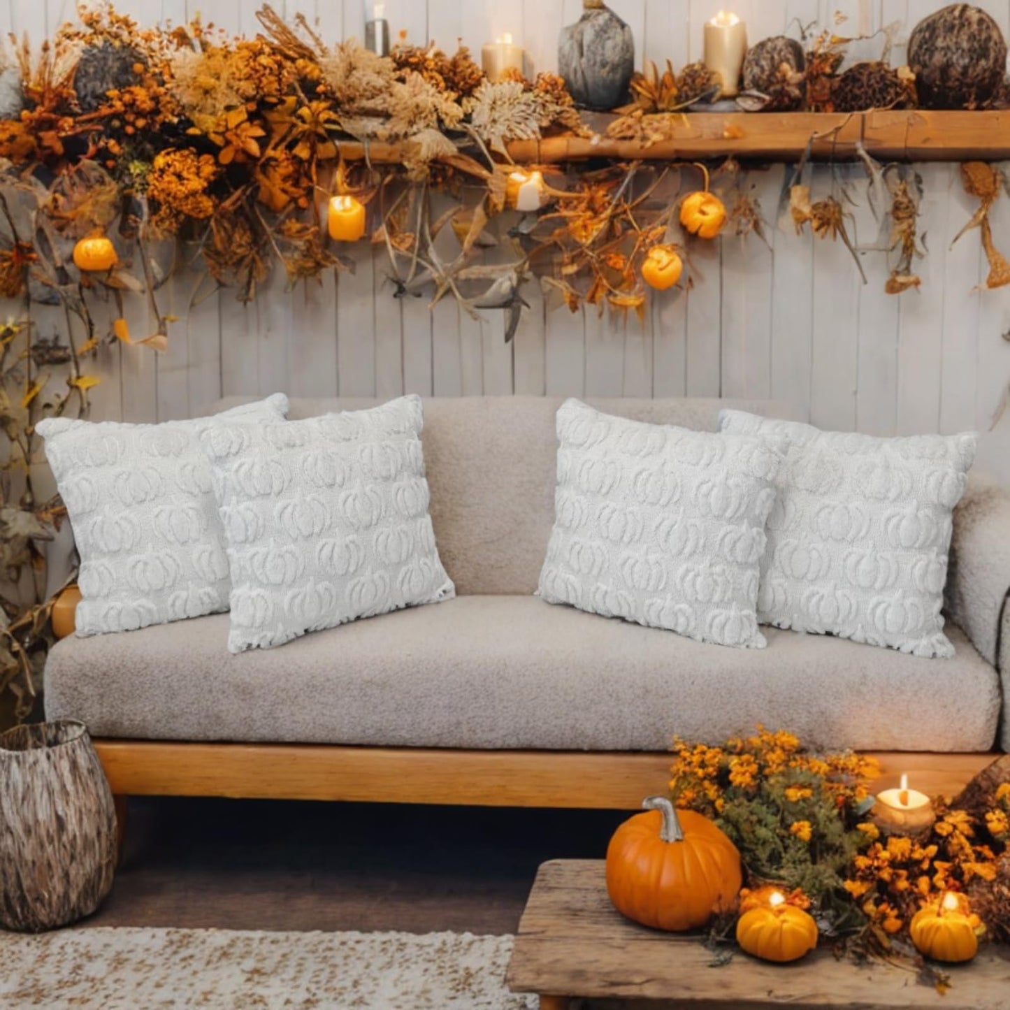 HDVUHKI Fall Pumpkin Throw Pillow Covers 18x18 inch Set of 4, White Autumn Thanksgiving Farmhouse Living Room Soft Fluffy Plush Faux Fur Wool Decorations for Sofa Couch Bed