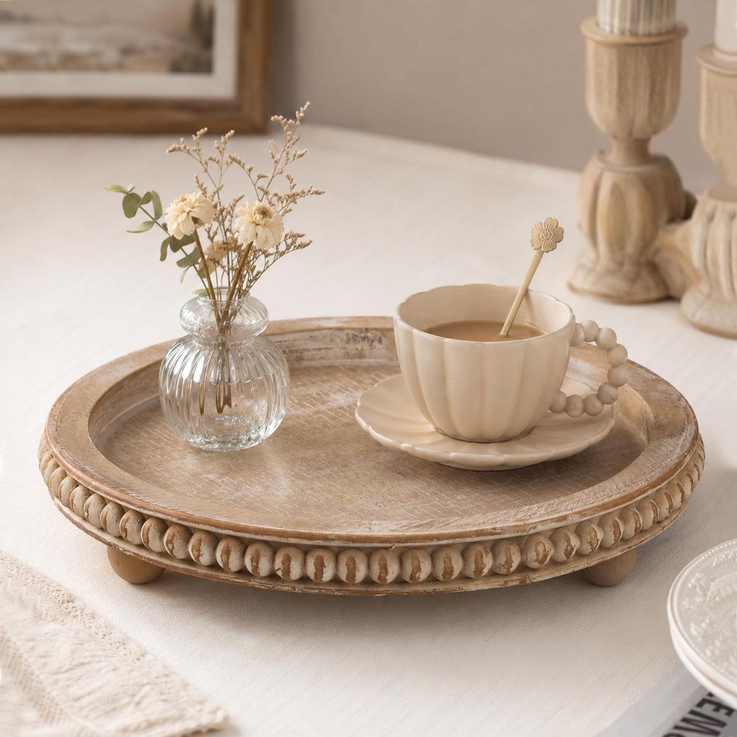 Round Decorative Tray for Coffee Table, Natural Wood Beaded Tray with Detachable Legs, 11.87" Farmhouse Rustic Serving Tray for Living Room, Ottoman, Kitchen Counter, Dining Table Decor