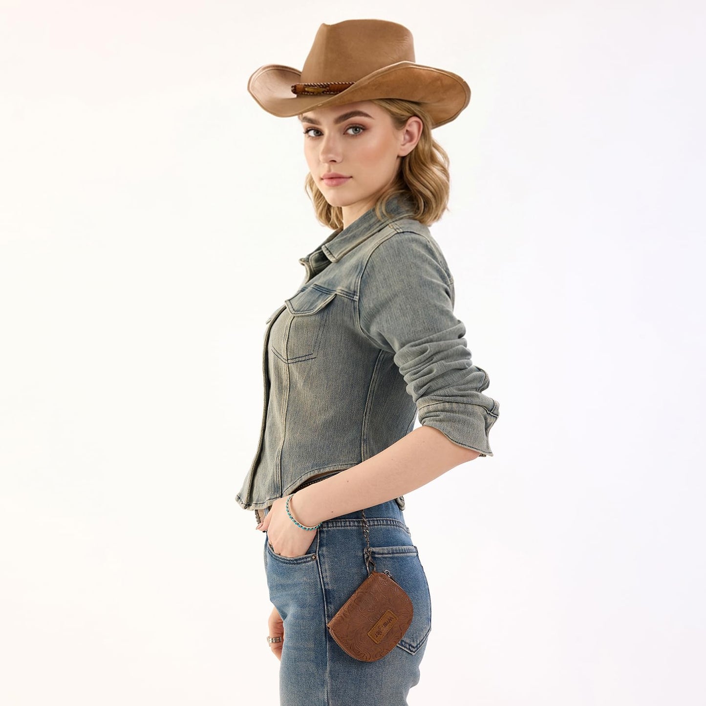 Montana West Wrangler Small Keychain Wallet for Women RFID Blocking Credit Card Holder Floral Tooling Coin Purse Brown WG338-W102-1BR