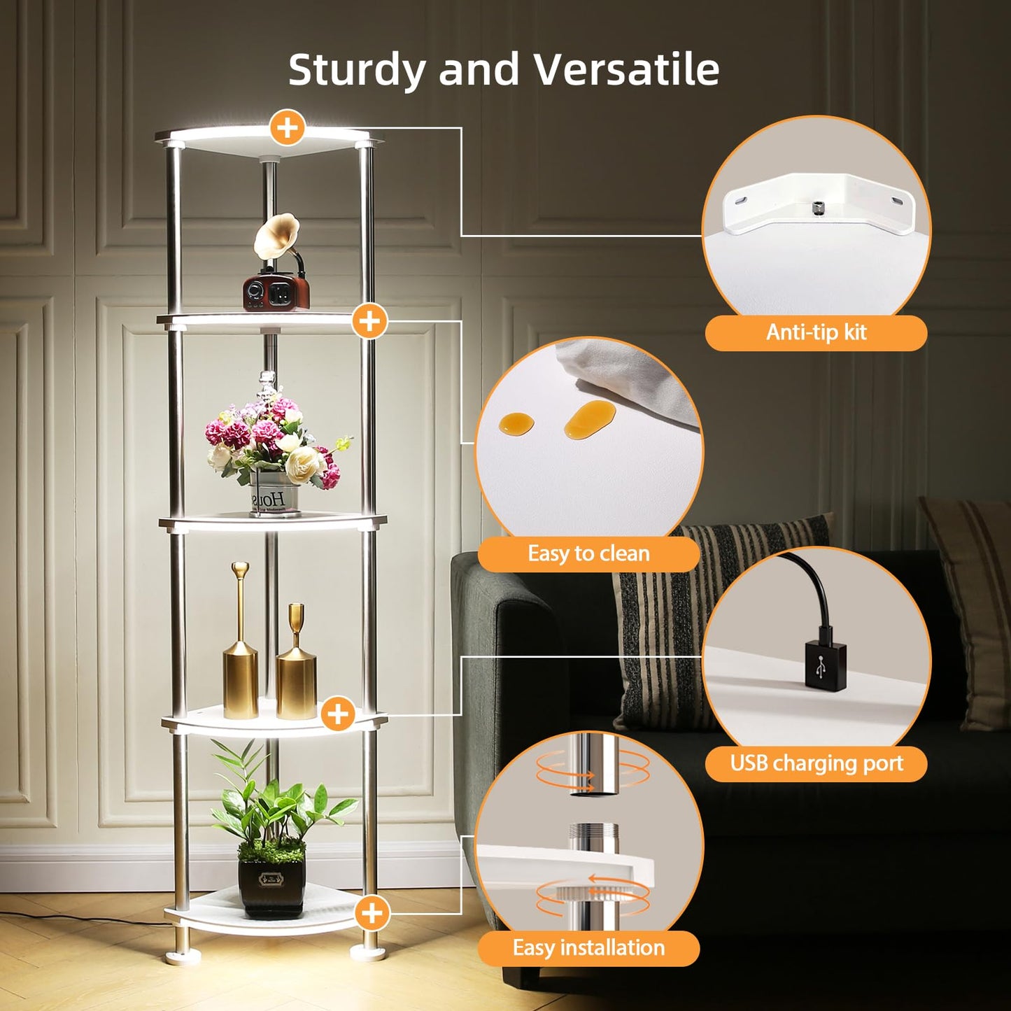 HOPEDAMAI Floor Lamp with Shelves Height Adjustable Music Sync LED Corner Floor Lamp with Charging Stationl Dimmable and Timing RGB Standing Lamp for Christmas Gifts White 5-Tier