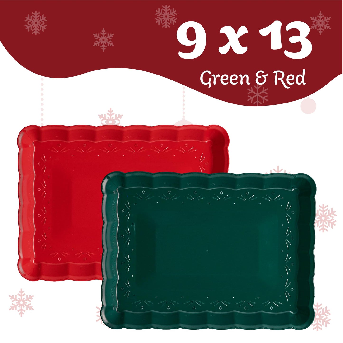 Plasticpro Plastic Serving Trays - Serving Platters Rectangle 9X13 Disposable Party Dish Includes 2 Green & 2 Red Christmas Trays