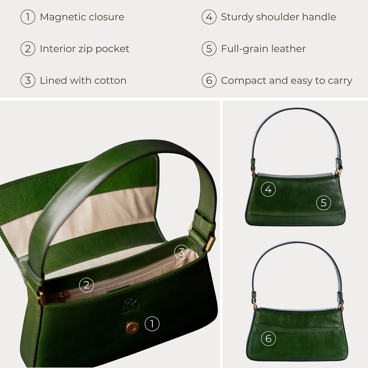 Time Resistance Leather Handbag - Full-Grain Leather Purse for Women - Shoulder Bag Made in Italy (Green)