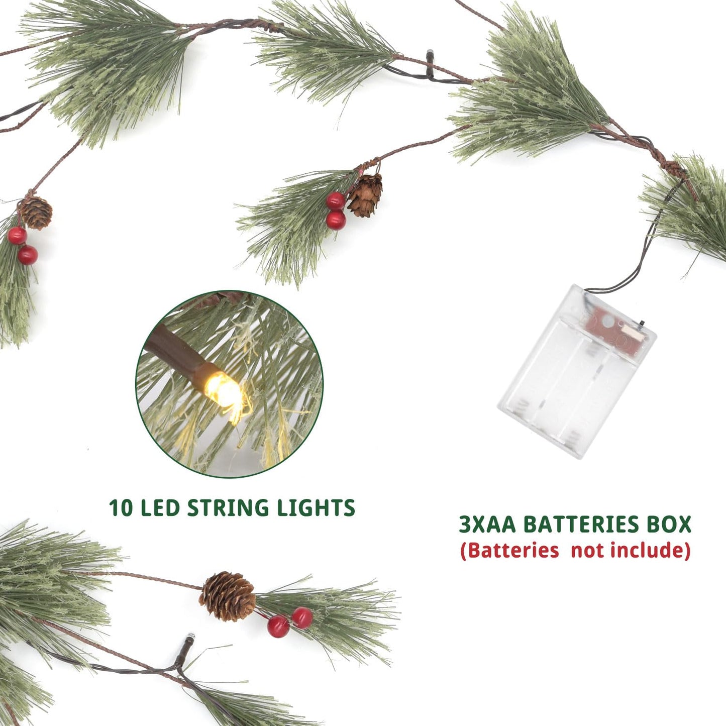 6.4 FT Artificial Cedar Garlands, Real Touch Winter Pine Garland with Red Berries, Green Greenery Garland for Table, Mantle, Wall, Indoor, Outdoor Christmas Decorations