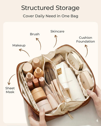 BAGSMART Makeup Bag Travel Cosmetic Bag, Large Make Up Bag Flat Open Toiletry Bag for Women, PU Leather Travel Essentials Organizer Case, Wide-open Pouch Purse for Skincare, Brushes, Blush Purple