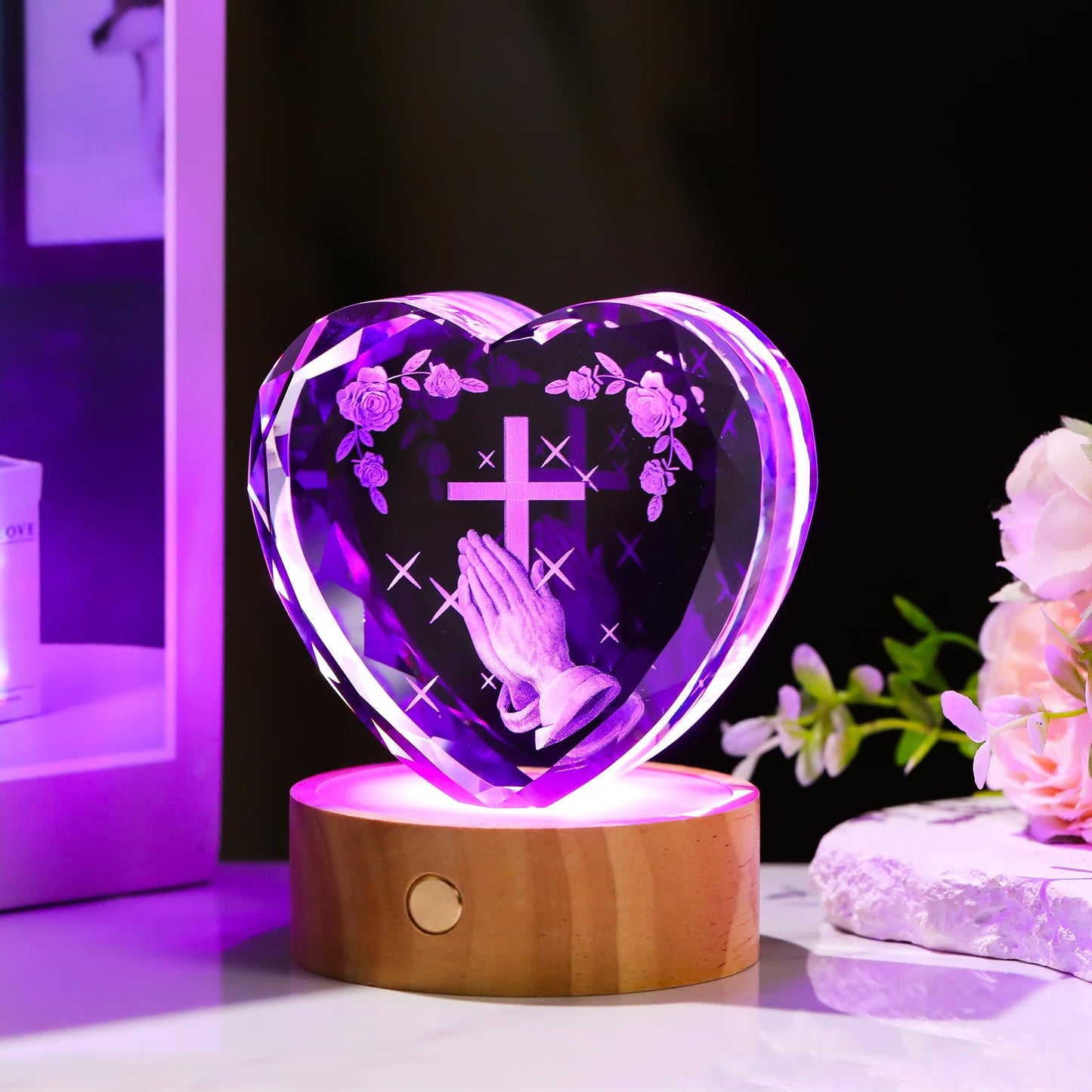 3D Cross with Praying Hands Crystal Heart Religious Gifts for Women Men - Glass Christian Gift Idea for Room with Wooden Light Base, Collectible Night Light for Catholic on Easter Home Decor