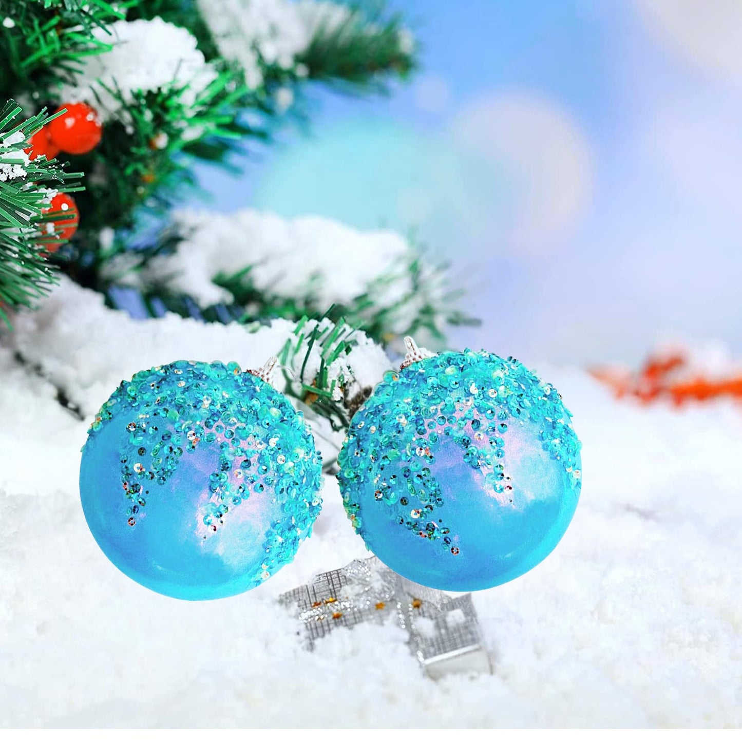 ZHANYIGY 4Pcs Christmas Balls Ornaments -Shatterproof Christmas Ball for Xmas Tree Decorations Hanging,Wedding Party Holiday Decorations Fantasy Blue Glitter Ball 4in x 4 Pack