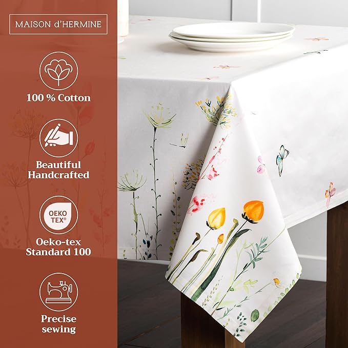 Maison d' Hermine Table Cloth Rectangle Table 100% Cotton 60 x 108 Inches Tablecloth Reusable Decorative for Dining Room, Farmhouse, Home, Party, Festive & Wedding Spring Summer - Botanical Fresh
