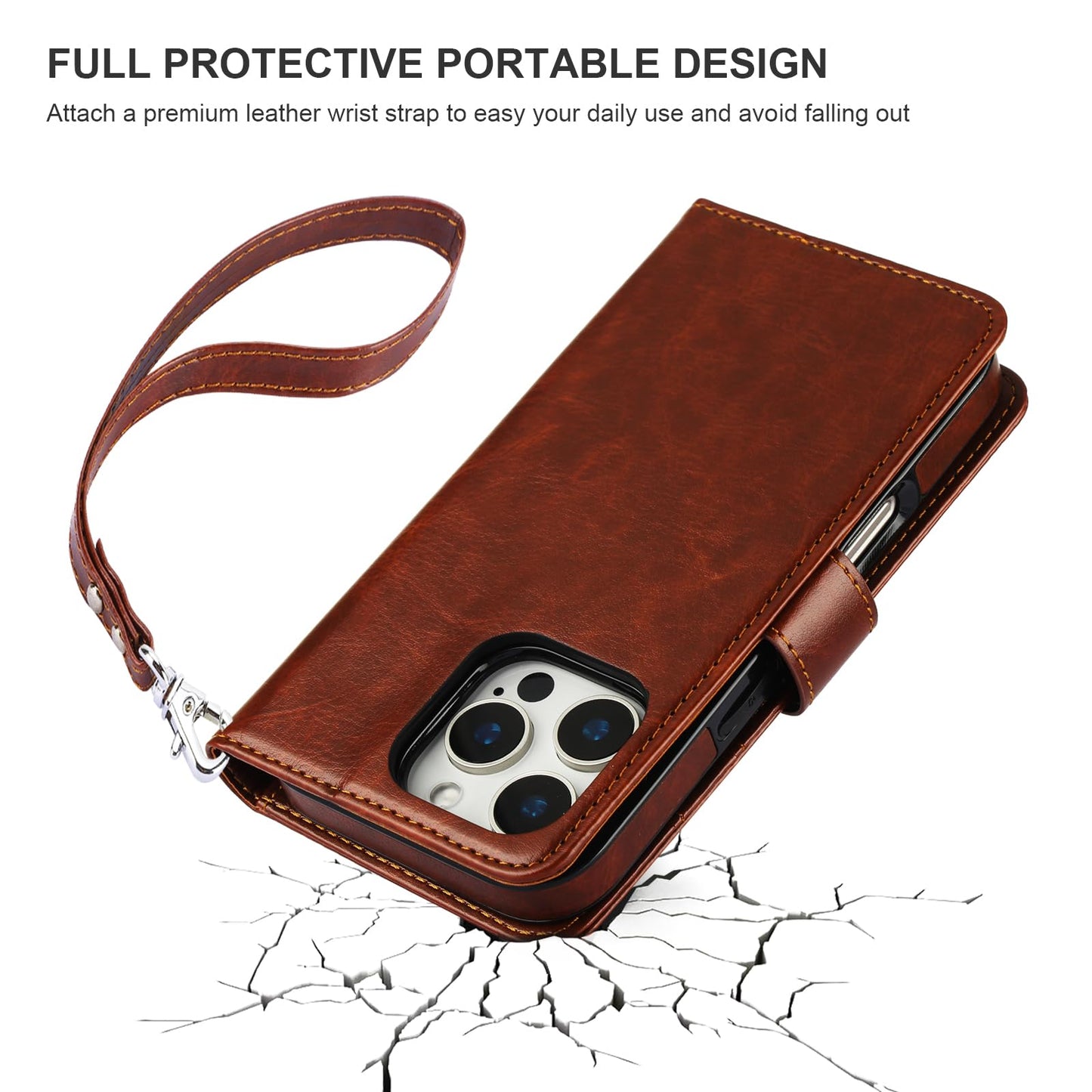 Bocasal Detachable Wallet Case for iPhone 16 Pro RFID Blocking Card Slots Holder Premium PU Leather Magnetic Kickstand Shockproof Wrist Strap Removable Flip Protective Cover 5G 6.3 inch (Brown)