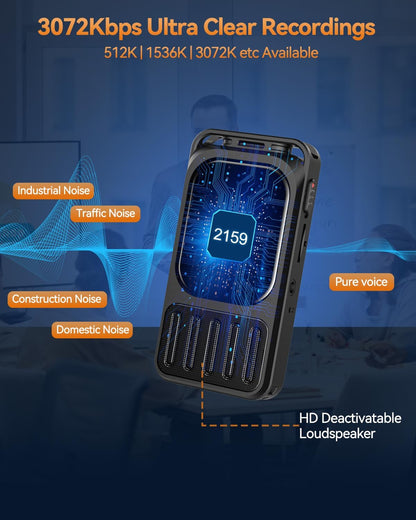 128GB Digital Voice Recorder with Bluetooth & 2" Touchscreen, 3072Kbps HD XIXITPY Voice Activated Recording with Password, Playback, A-B Repeat, MP3 for Lectures, Meetings, Interviews