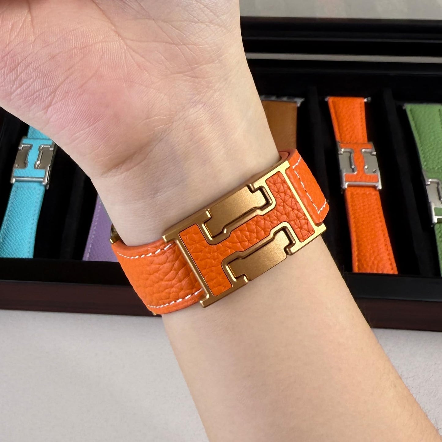 Leather Band Compatible with Apple Watch BandUltra 2 1 Series 10/9/8/7/6/5/4/SE,H-Shaped Buckle strap for iWatch 38/40/41/42/44/45/46/49mm Women Men (Orange Band + Gold H Buckle, 38mm 40mm 41mm 42mm)