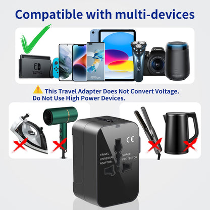 Universal Travel Adapter Worldwide, GaN Fast Charging with PD 3.0 USB-C & USB-A Quick Charge Ports, All-in-One International Power Plug Adapter Converter AC Wall Charger for Europe USA UK AUS Black