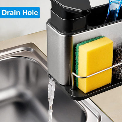 RedCall Soap Dispenser for Kitchen Sink, 3-in-1 Sponge Holder for Kitchen Sink Caddy, Stainless Steel Kitchen Sink Organizer Tray Drainer Rack, Rustproof Dish Soap Dispenser Brush Holder Countertop