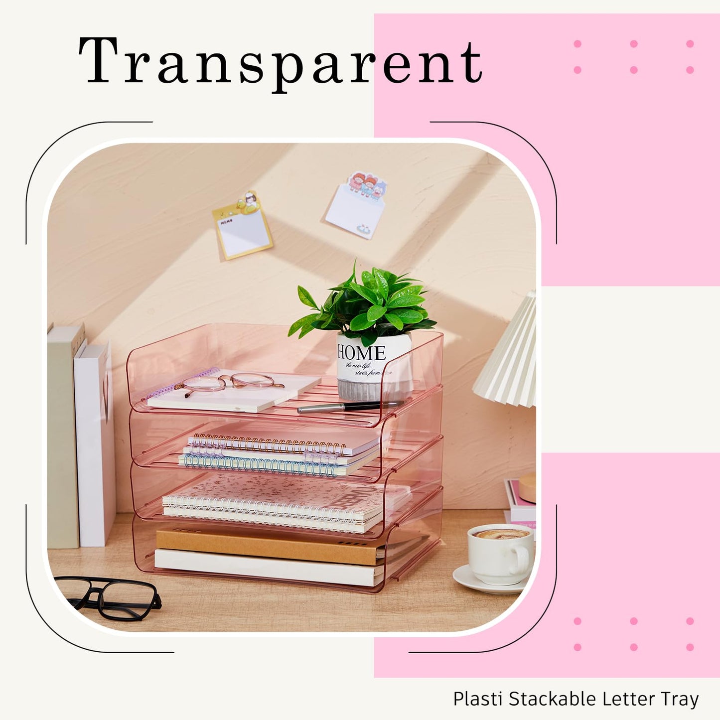 Harloon 4 Tier Acrylic Paper Tray 13 x 9.8 x 3 Inches Stackable Letter Clear Organizer No Need to Assemble Acrylic Paper Organizer File Tray for Office Workspace Desktop Storage (Transparent Pink)