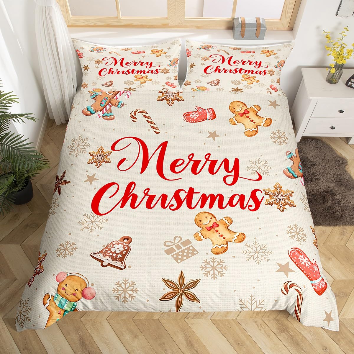 Cute Gingerbread Man Duvet Cover Sets(NO Comforter),Funny Gingerbread Snowflakes and Bells Comforter Cover for Girls Teens,Brown Snowflake Printed Bedding,Cartoon Themed Duvet Set,Queen Size