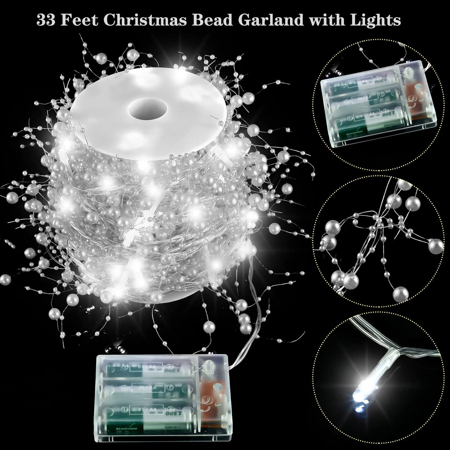 Honoson 33 ft Christmas White Berry Garland Lighted Berry Beaded Garland Christmas Fireplace Decorations, Glitter LED Bead for Fireplace Indoor Outdoor Decor