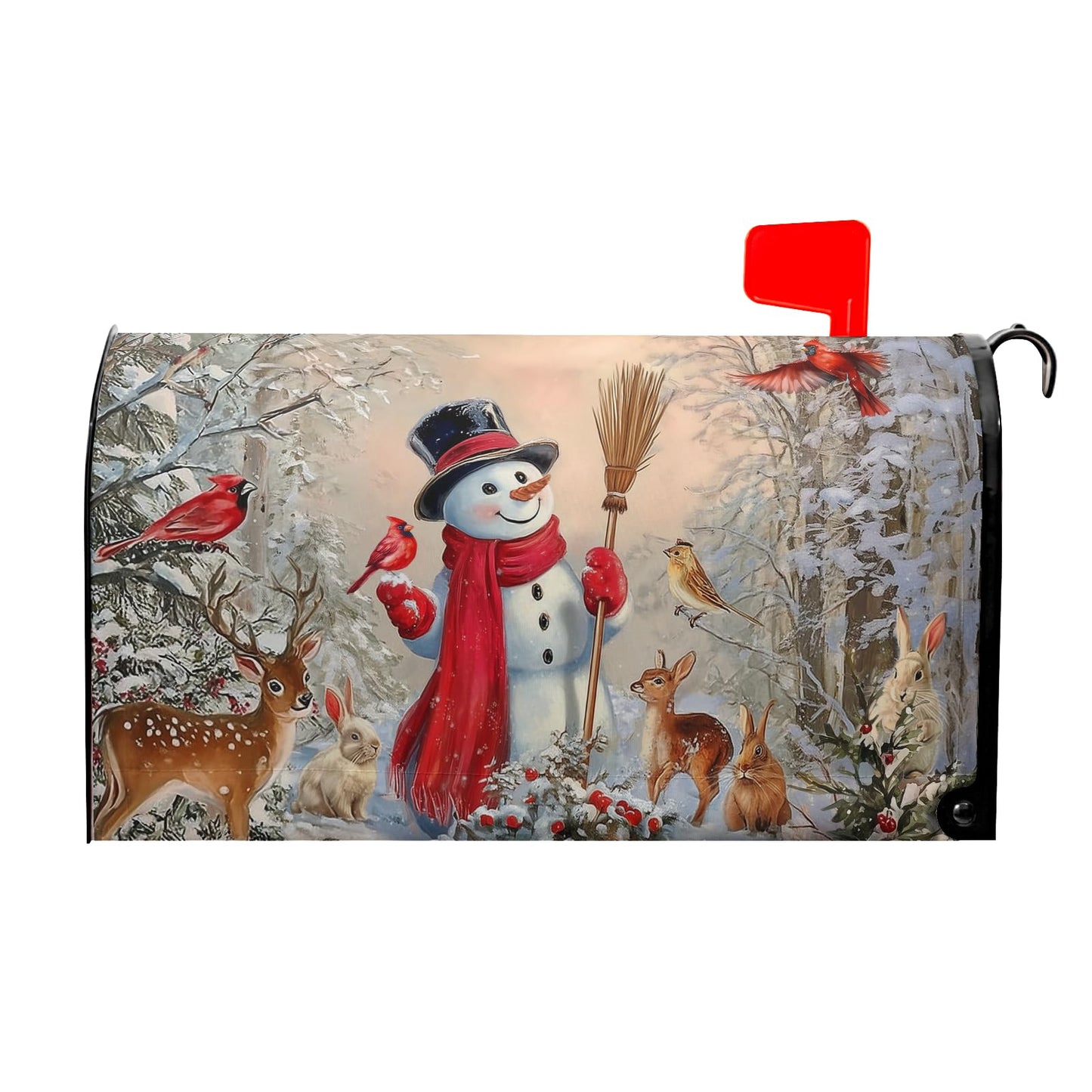 Sweetshow Winter Snowman Mailbox Covers Magnetic Standard Size 18" X 21",Red Cardinal Bird Cute Deer Rabbit Snowflake Mailbox Wraps Post Letter Box Cover for Holiday Garden Yard Decor