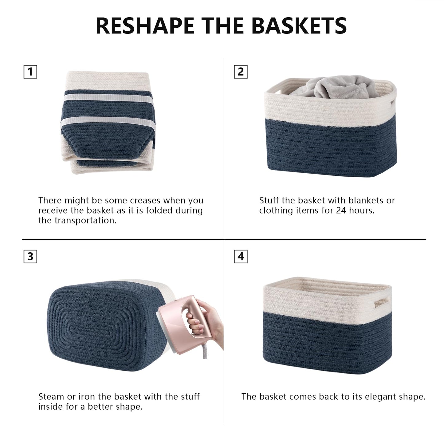 SIXDOVE 4 Pack Storage Baskets for Organizing, Woven Baskets for Shelves - Perfect for Toys, Books, Towels, and Clothes, Durable Gift Basket Bins Toy Storage, 12.7''L x9''W x7.8''H, Blue and White