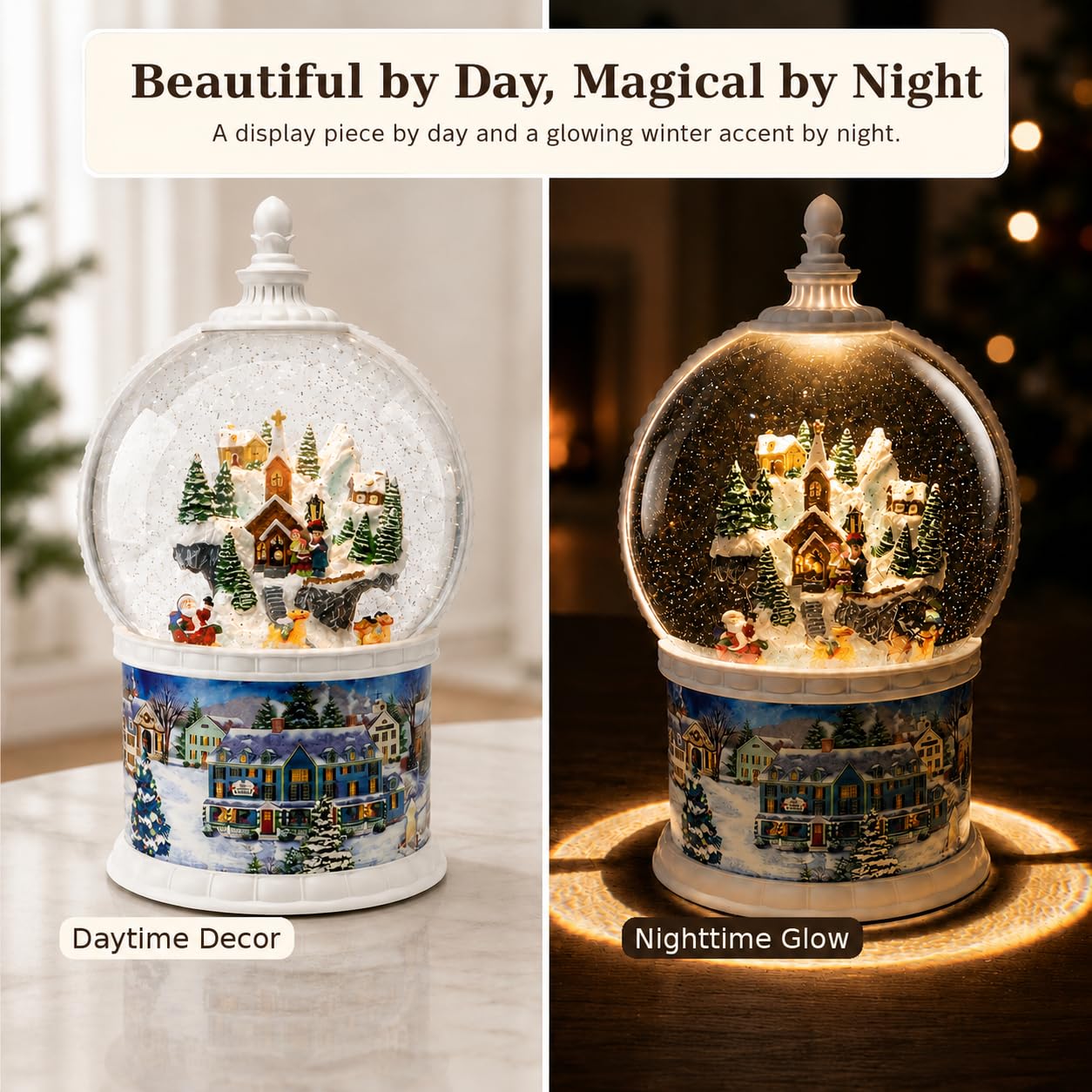Large Lighted Snow Globe Lantern, 10.24" Winter Village Music Box with Moving Glitter & Rotating Carousel, USB & Battery Operated Night Light, 6H Timer, Snow Globe Gift for Women Mom Grandma Adults