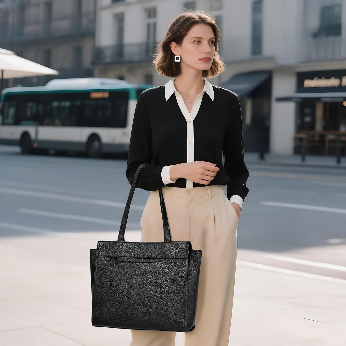 befen Genuine Leather Tote Bag for Women Work,Black Leather Tote Bag,Large Women's Zippered Shoulder Bags Purses Satchel Handbags with Top Handles Work Purse for Daily Travel