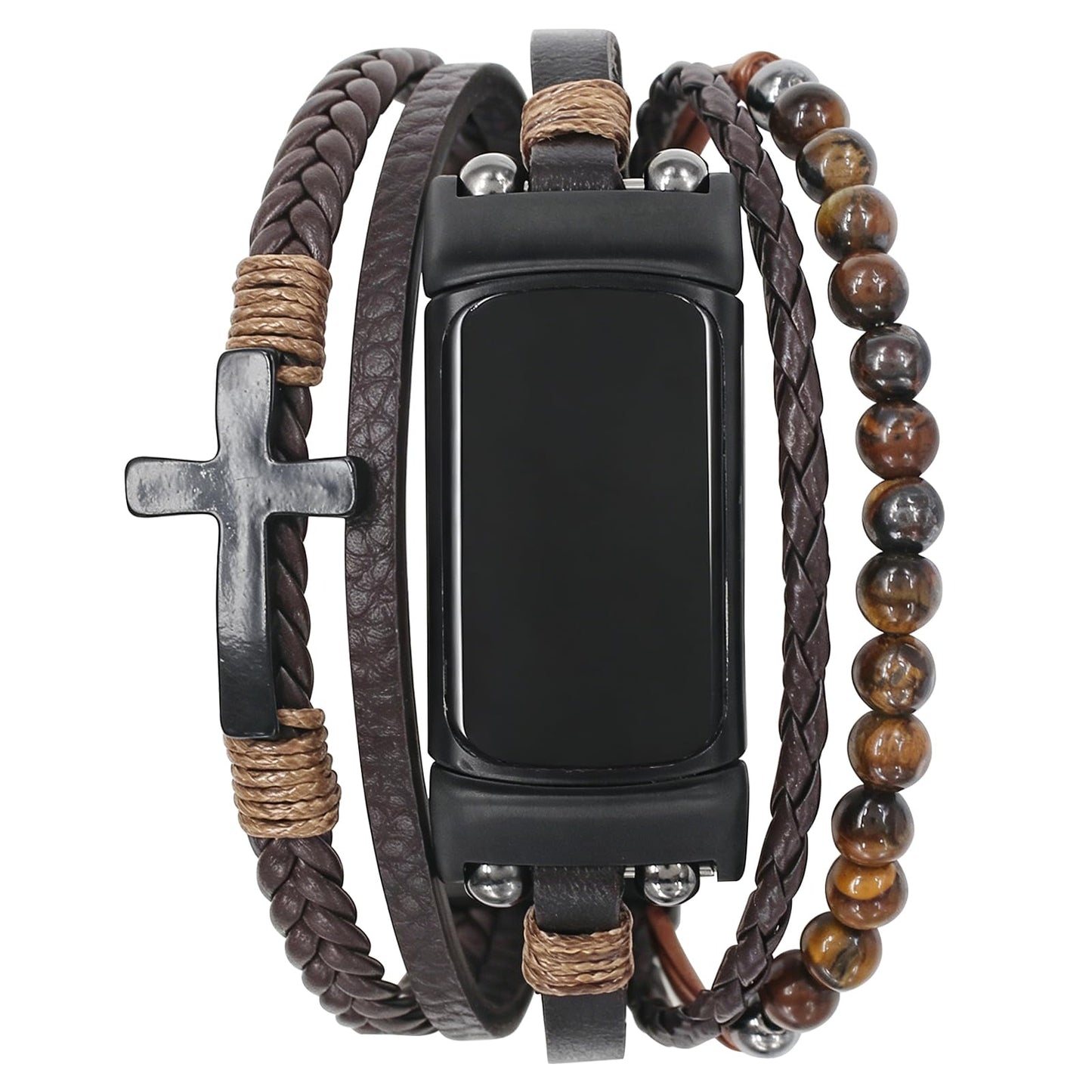 YOSWAN Boho Bracelet Compatible with Fitbit Charge 6 Bands/Charge 5 Bands for Women Men, Dressy Beaded Handmade Multilayer Wrap Leather Strap for Fitbit Charge 5/6 Watch (Brown/Black)