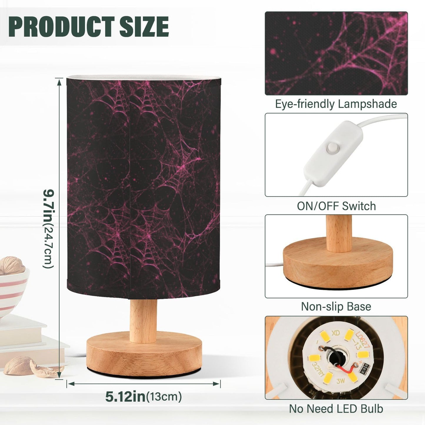 Dussdil Halloween Pink Red Cobweb Table Lamp Bedroom Bedside Night Reading Desk Lamps Cylinder Nightstand Sleeping Light Lamp for Kids Living Room Office Decor
