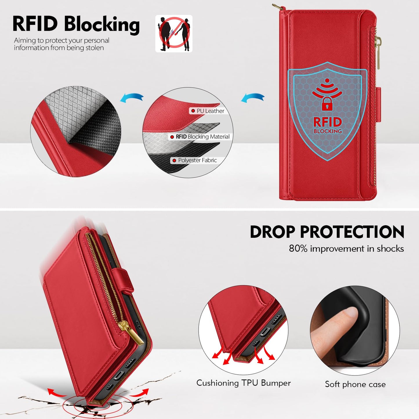 Antsturdy Compatible with iPhone 17 Wallet Case Women,RFID Blocking PU Leather Phone Case Men Kickstand Flip Folio Cover Wrist Strap Zipper Credit Card Holder Slots for Apple 17 6.3",Red