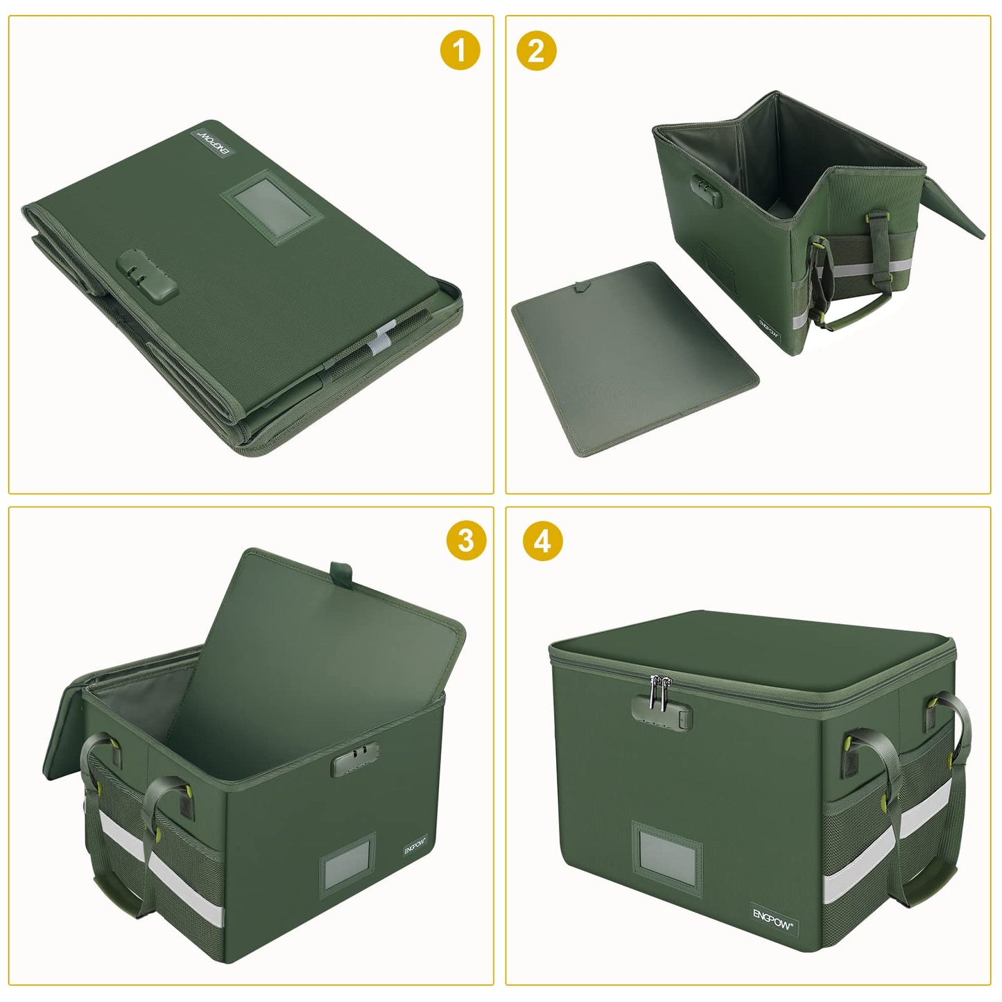 ENGPOW File Box with Lock, Fireproof Document Box with Zipper Lid, Collapsible File Storage Organizer Filing Cabinet with Handle, Portable Home Office Safe for Hanging Letter/Legal Folders, Green