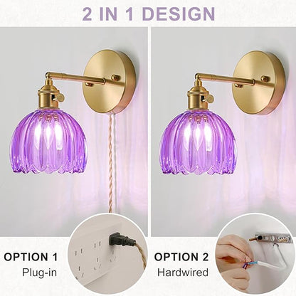 Plug in Wall Sconces Set of 2, Vintage Wall Sconce Light with Tulip Purple Glass Lampshade, 180° Adjustable Wall Sconce with Switch and Plug in wall lamp Cord, Gold Wall Light Wall Decor Set of 2