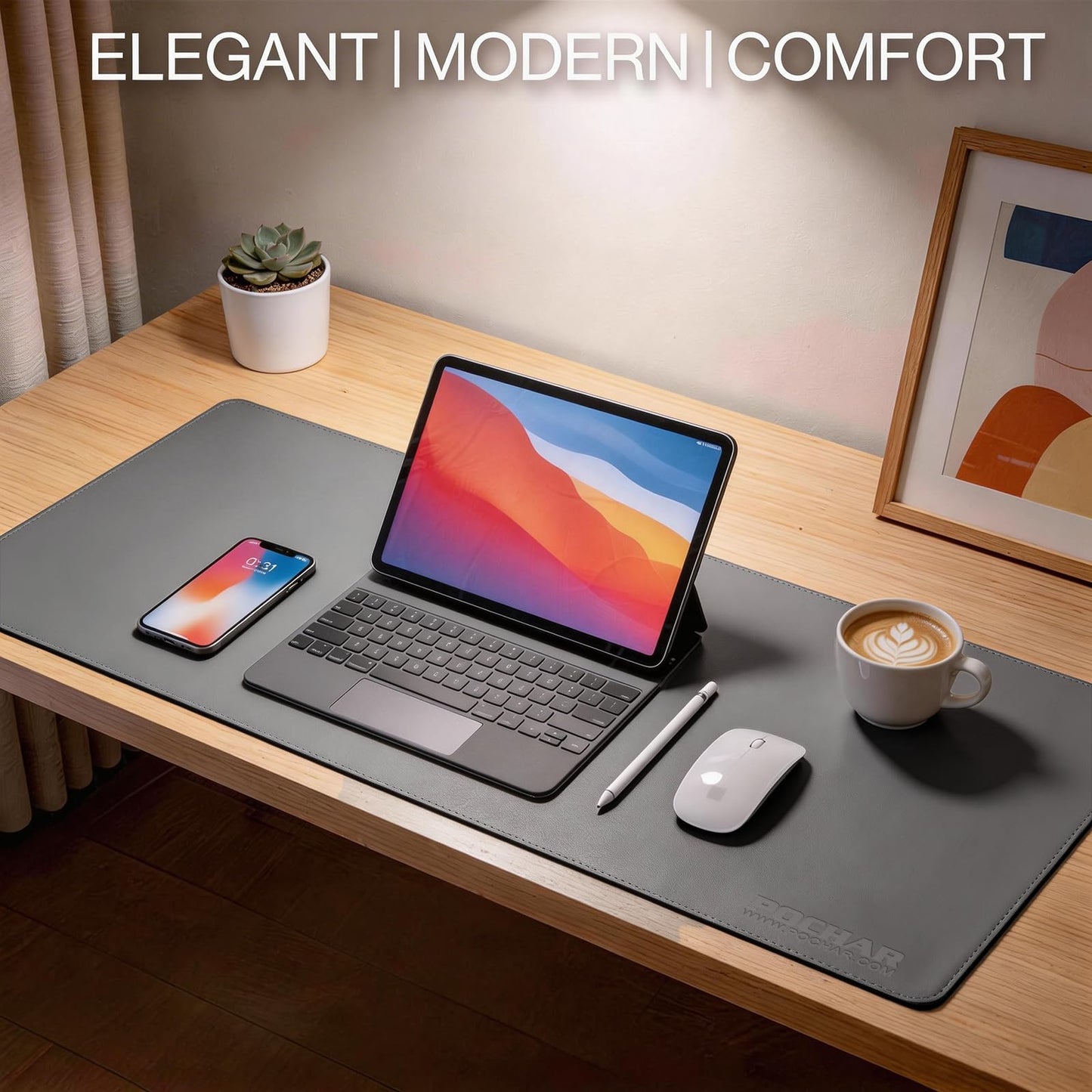 POCHAR Vegan Leather Desk Mat 31" x 16" - Office Desk Pad Protector for Desktop - Non-Slip PU Leather Dual-Sided Desk Blotter for Laptop Mouse Keyboard - Waterproof Writing Signing Pad, Gray