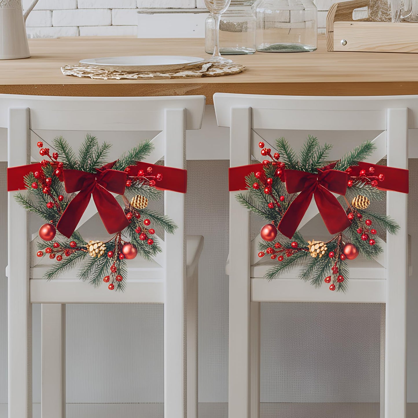 Maysing 6 Pcs 9.8" Small Christmas Wreath with Ribbon Mini Kitchen Cabinet Wreath Christmas Berry Pine Bow Decorations for Xmas Chair Back, Front Door, Window, Wall Farmhouse Decor(Red,Classic)