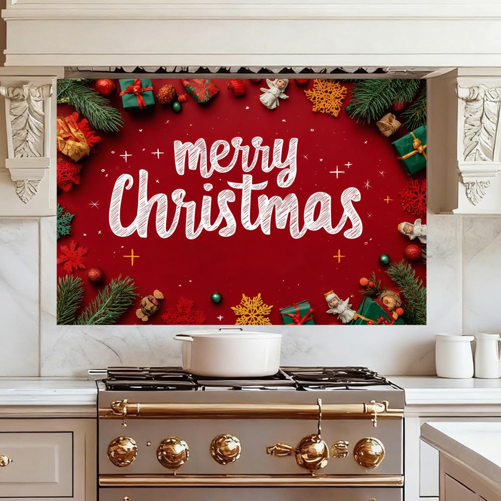 Kitchen Wall Decals 35.5x23.6 Inch Merry Christmas Lettering with Gifts Snowflakes and Pine Branches Peel and Stick Wall Stickers for Kitchen Living Room Holiday Home Decoration Removable