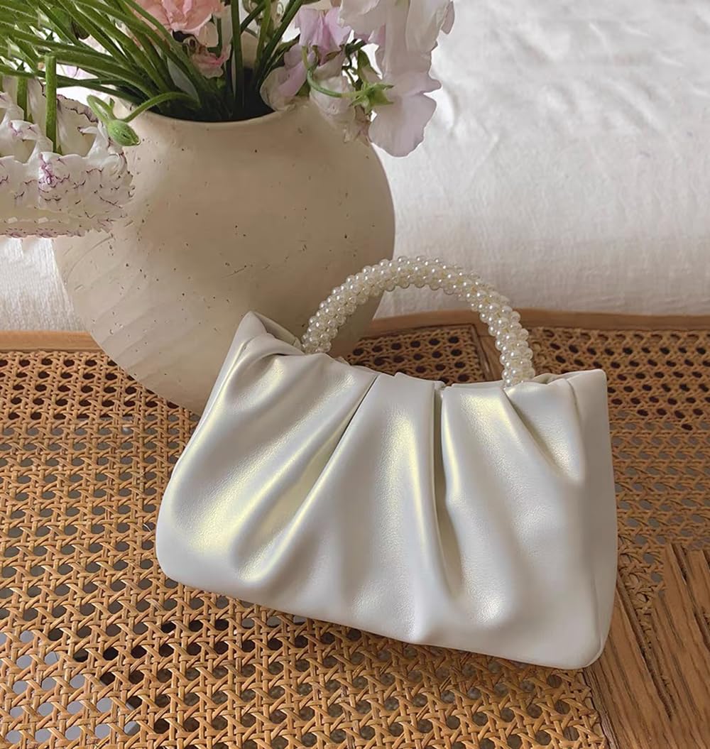 Beatfull Evening Purse Women Small Pearl Handbags Soft Leather Ruched Bag Wedding Bridal Clutch Party Prom Crossbody Purses White