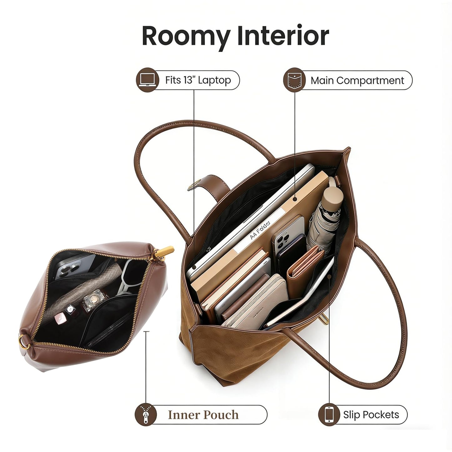 Vegan Leather Tote Bag for Women,UPGRADED LARGER SIZE 2-in-1 Shoulder Handbag with Removable Pouch,Work & Daily Use(Large - Vegan Leather - brown)