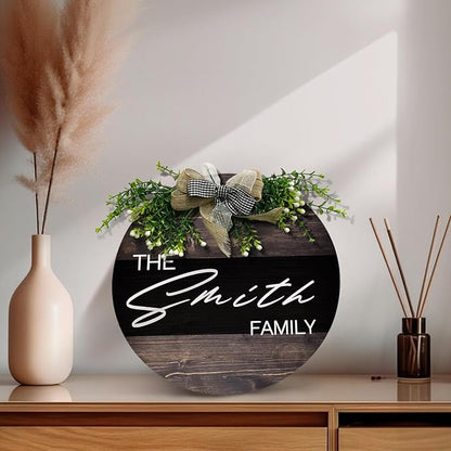 Personalized Custom Door Sign with Family Name Wooden Customized Welcome Sign for Front Door with Bow Rustic Customize Wreath Hanger Plaque Gift for Home Farmhouse Wall Outdoor Decor 12 inch