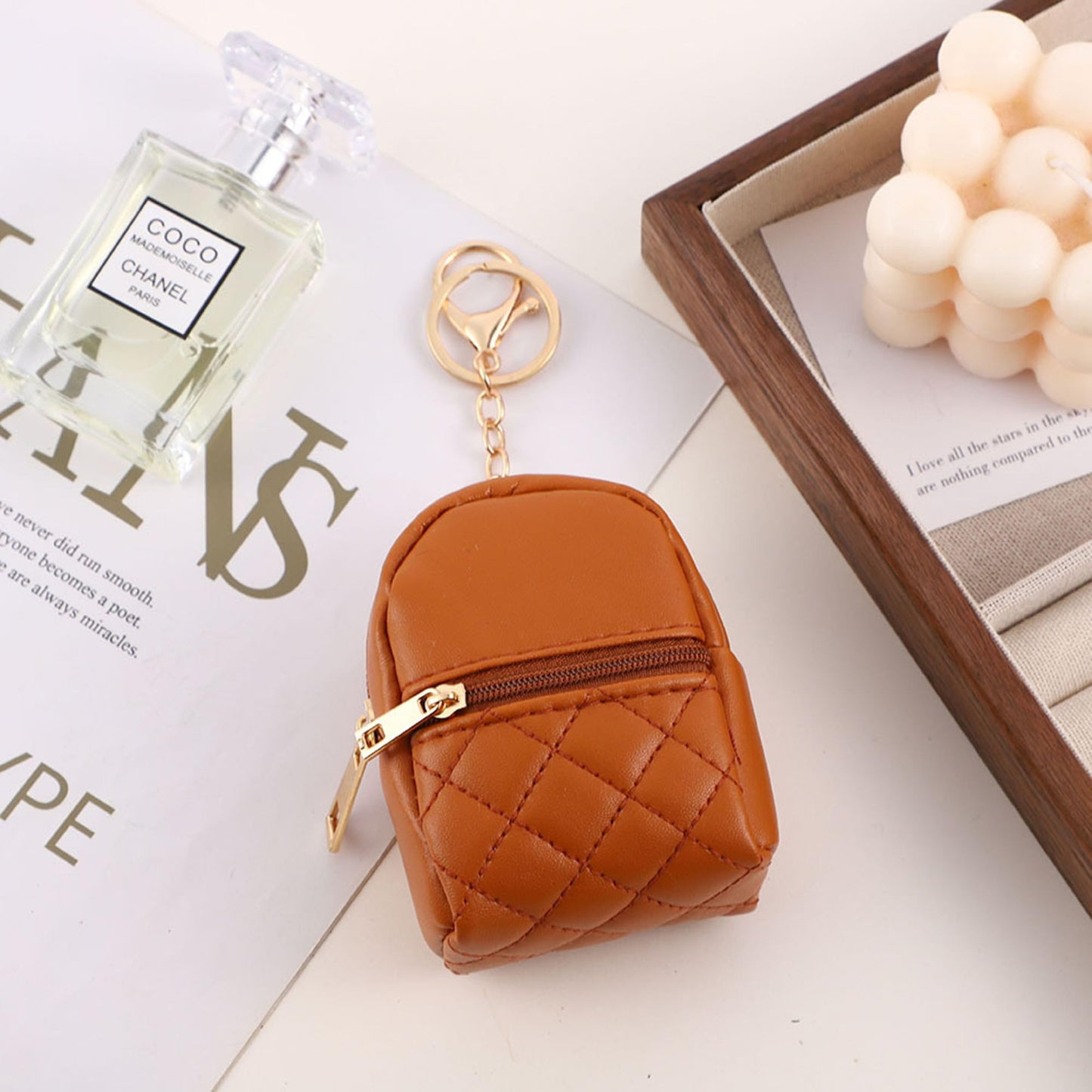 Grurun Mini Backpack Cute Cosmetic Bag for Women, Creative Cute Pendant Keychain Key-chains Keyrings PU Leather Makeup Bag Key Lipstick Card Holder Data Cable Organizer Zipper Pouch