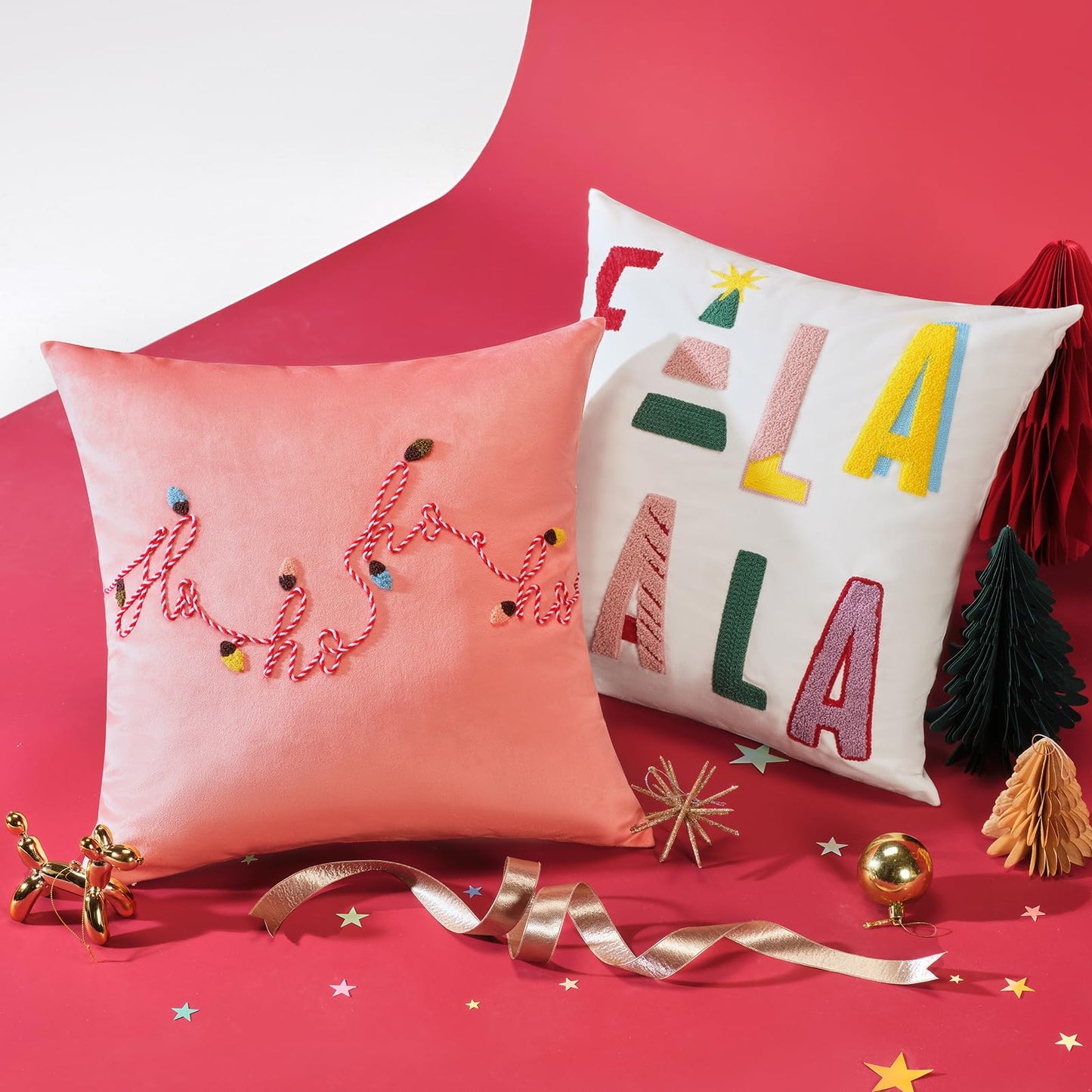 Ashler Merry Christmas Throw Pillow Covers, Letter Embroidery Pillow Covers, Velvet Holiday Decorative Pillowcase with 3D Light String, Set of 2, Pink, 18 x 18 Inch